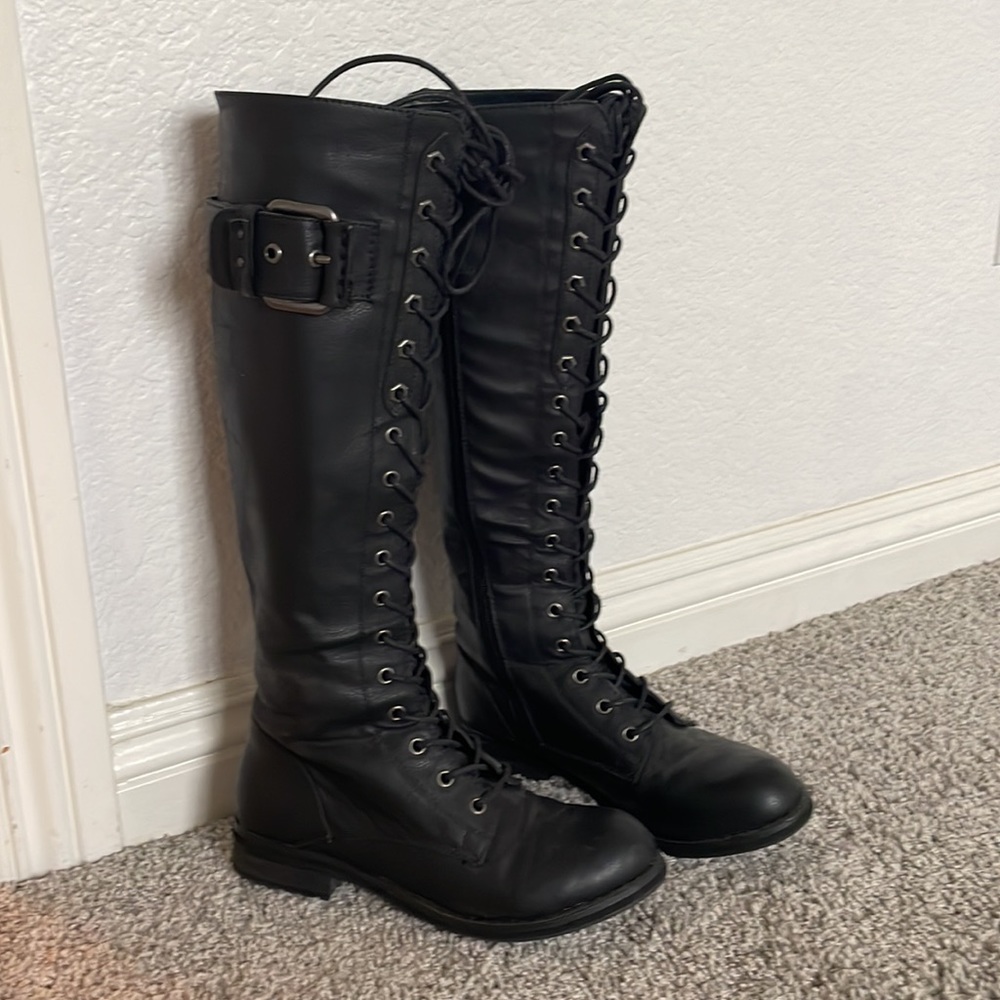 Aldo Black Lace-Up Knee-High Combat Boots